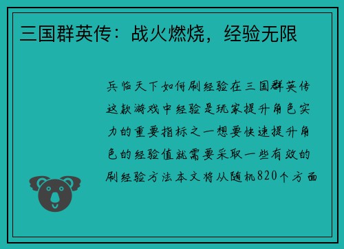 三国群英传：战火燃烧，经验无限
